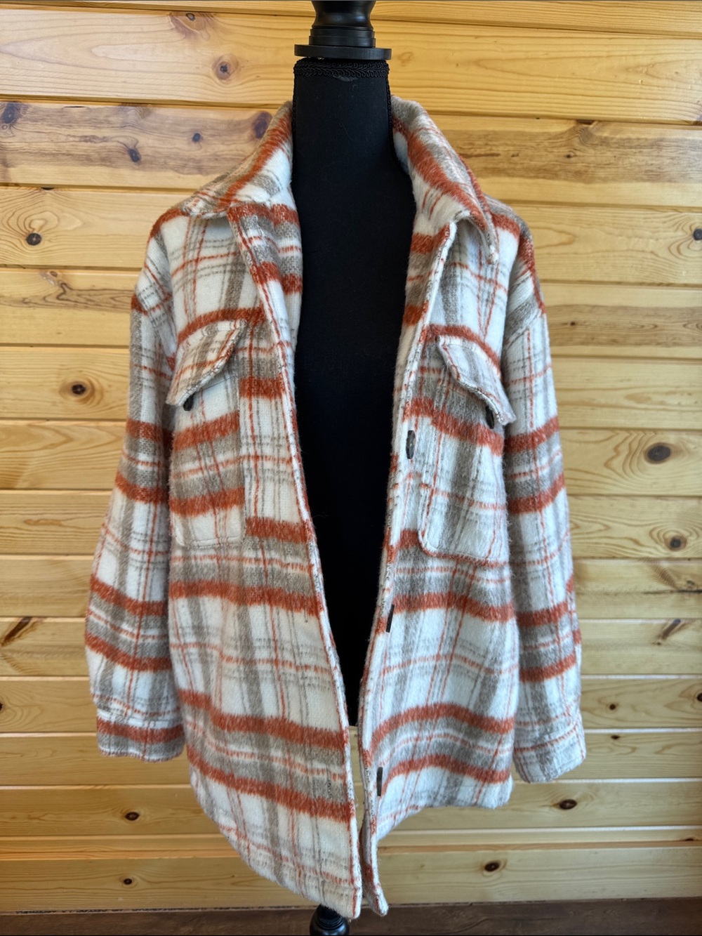Love Tree Cream and Rust Plaid Utility Shacket